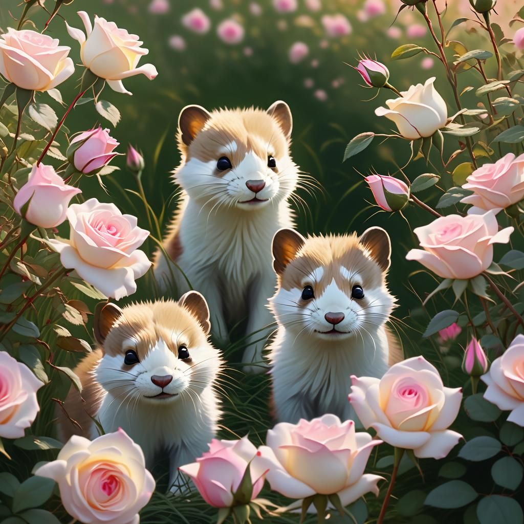 Weasels in Rose Garden: Oil Painting Style