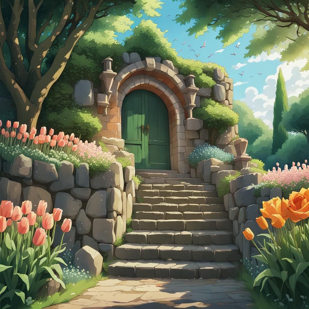 Lush Garden Behind Stone Wall in Anime Style