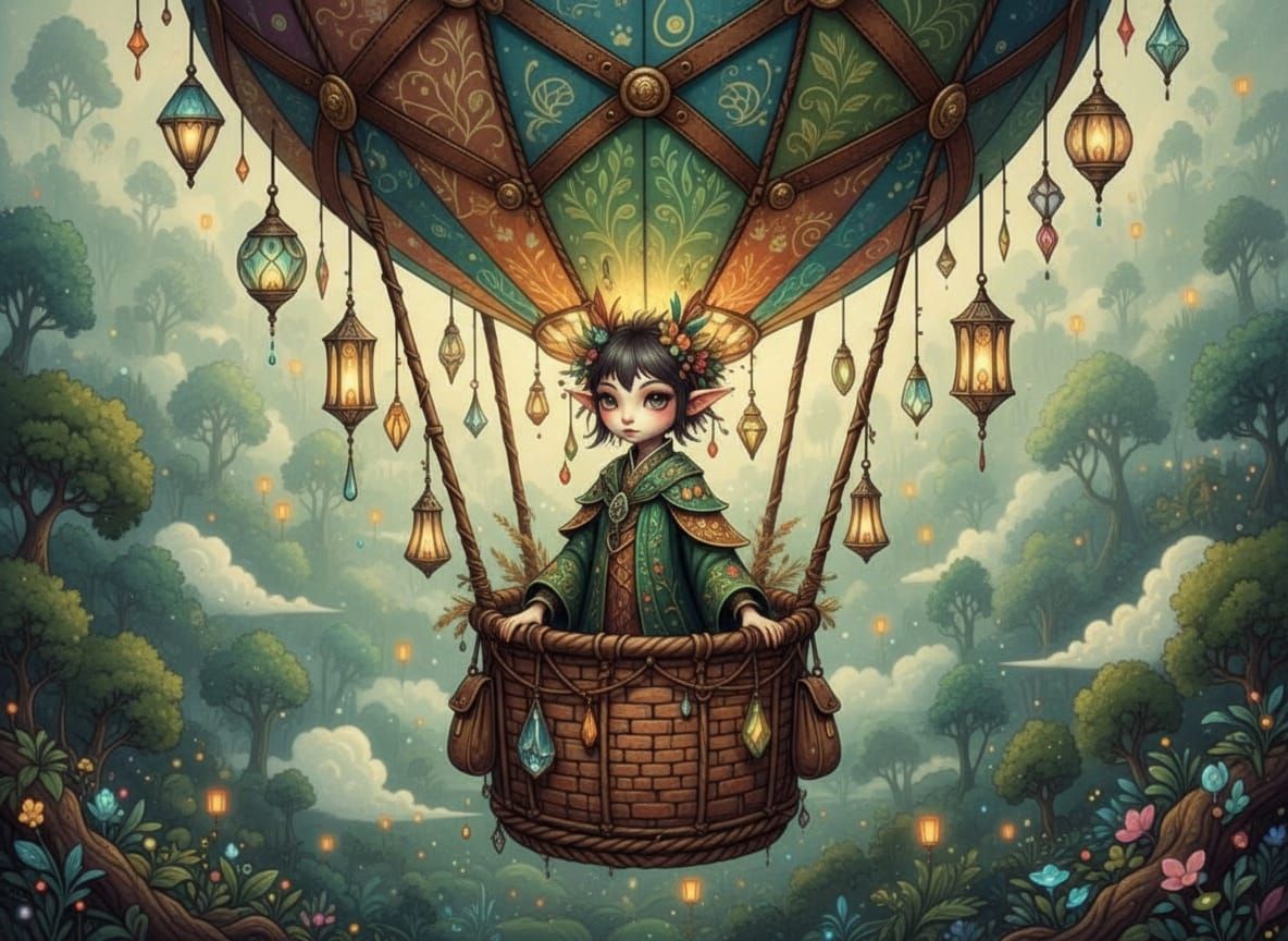 Fae in Hot Air Balloon Amongst Dreamy Forests