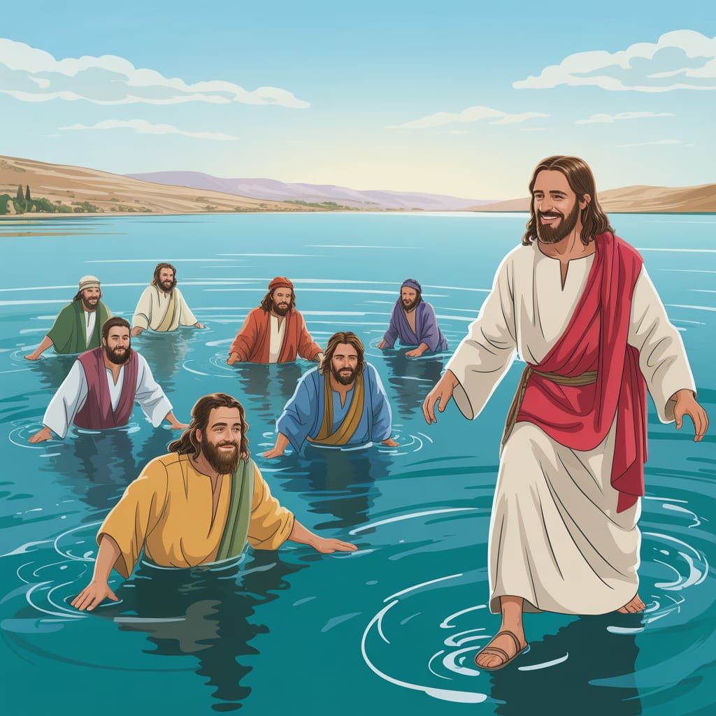 Jesus trying to teach the disciples how to walk on water on the Sea of Galilee.