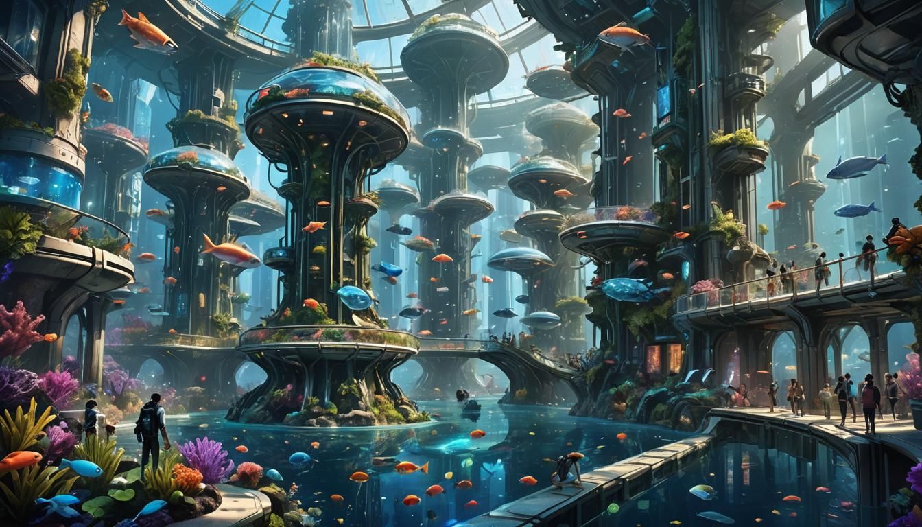 Futuristic Underwater City with Bioluminescent Plants