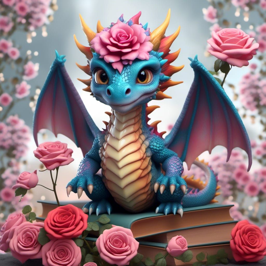 Rose Dragon Reading Book in Digital Painting