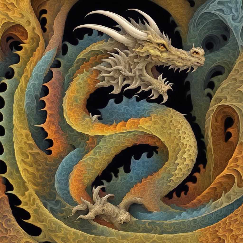 Evolving Dragon Fractal in Surrealist Escher Style