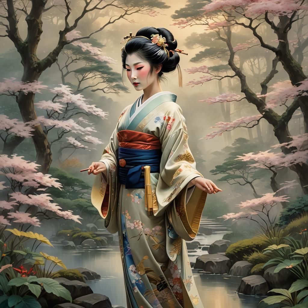 Ethereal Geisha Portrait in Ukiyo-e Style