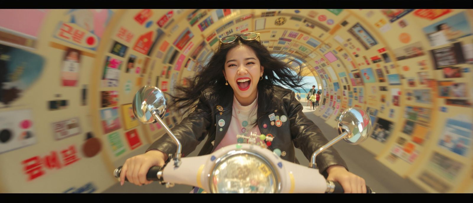 Korean Woman Joyful Scooter Ride by the Beach