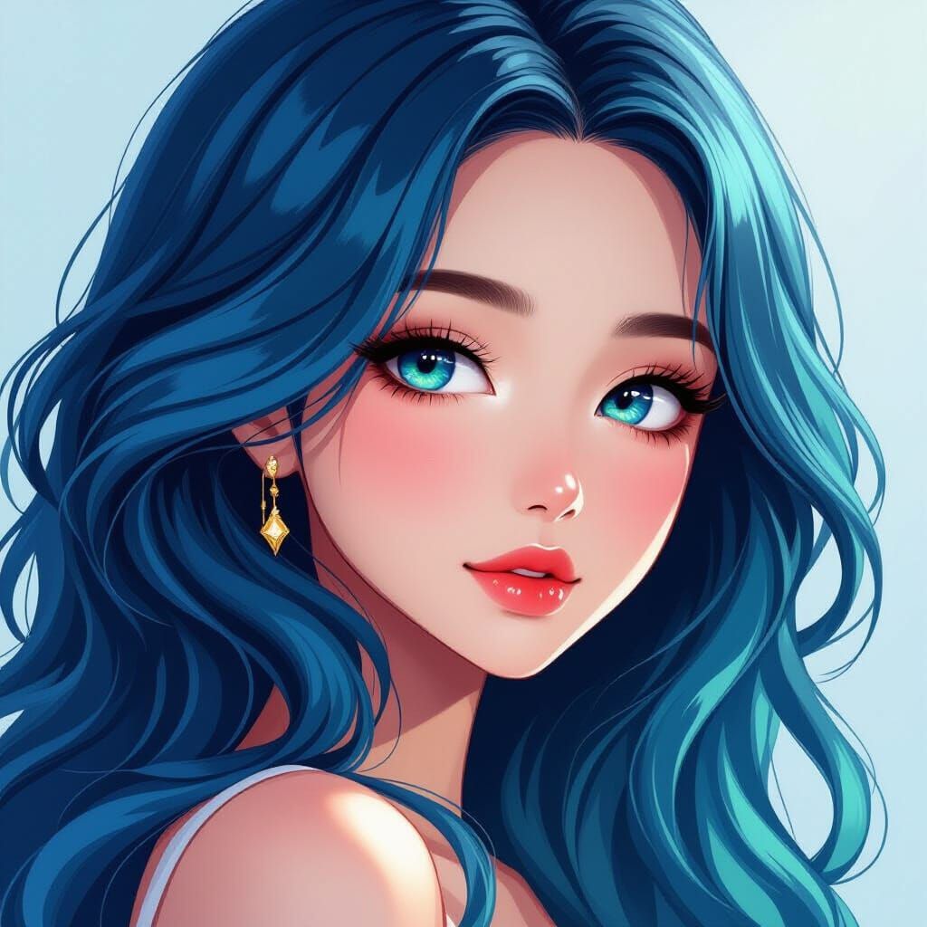 Anime Woman with Blue-Green Hair in Semi-Realistic Style