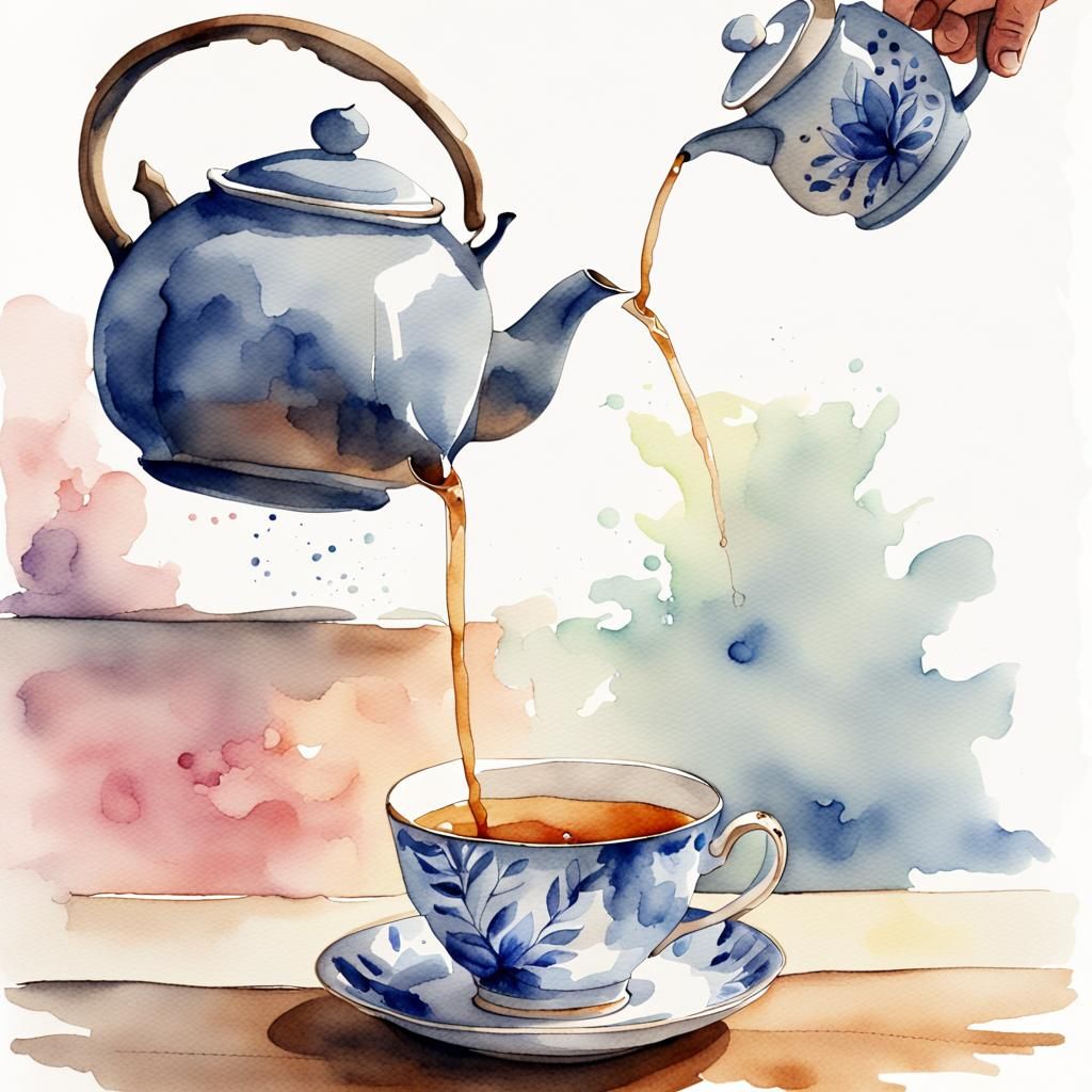 Watercolour Teapot Pouring Tea into Teacup