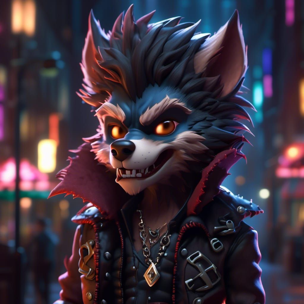 Chibi Punk Rock Werewolf Portrait in Gothic Style