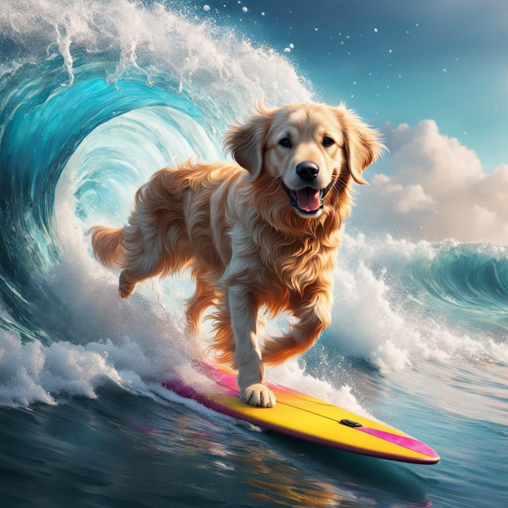 Smiling Golden Retriever Surfer Splash Art