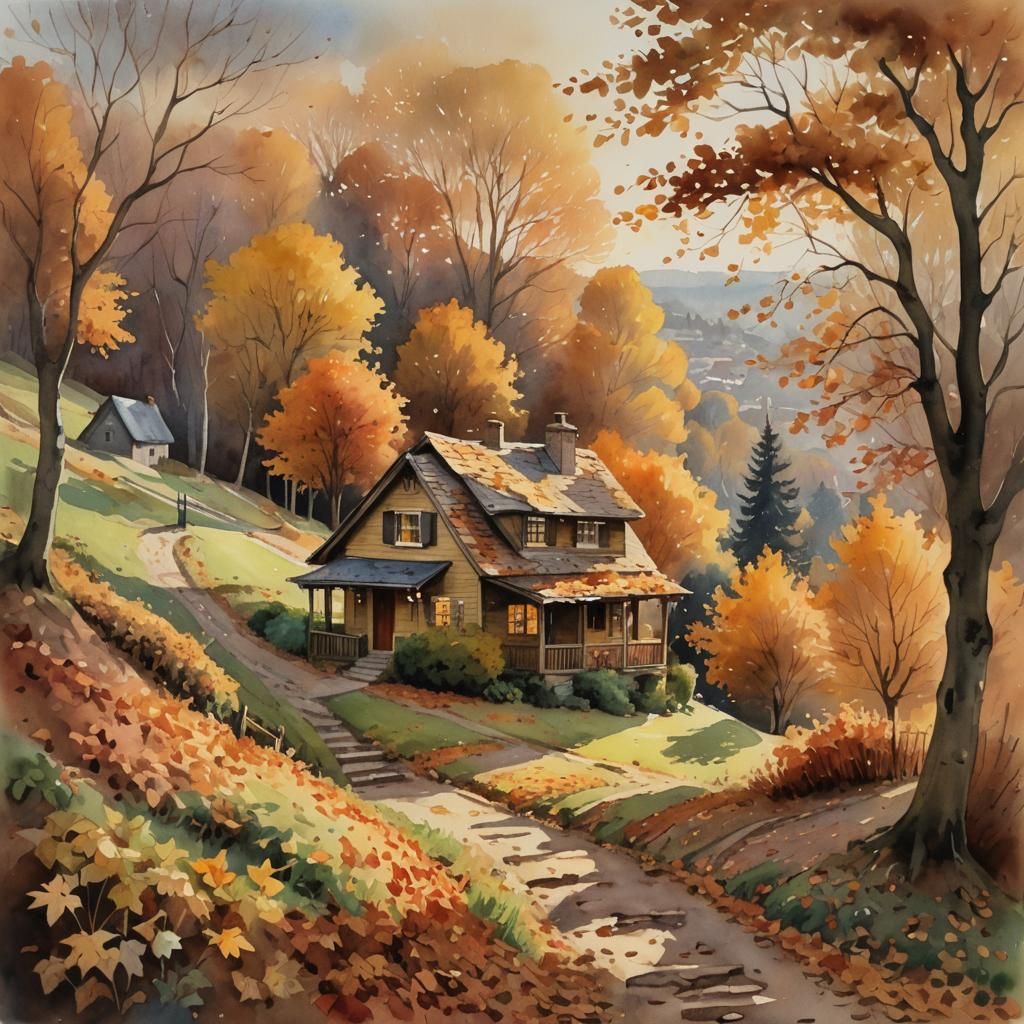 Cozy Autumn House in Watercolor Impressionist Style