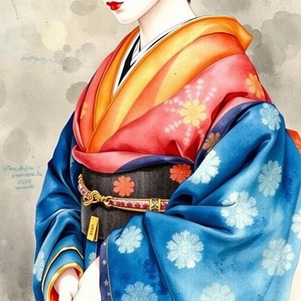 Geisha in Gold and Jewel Tones, Watercolor Painting
