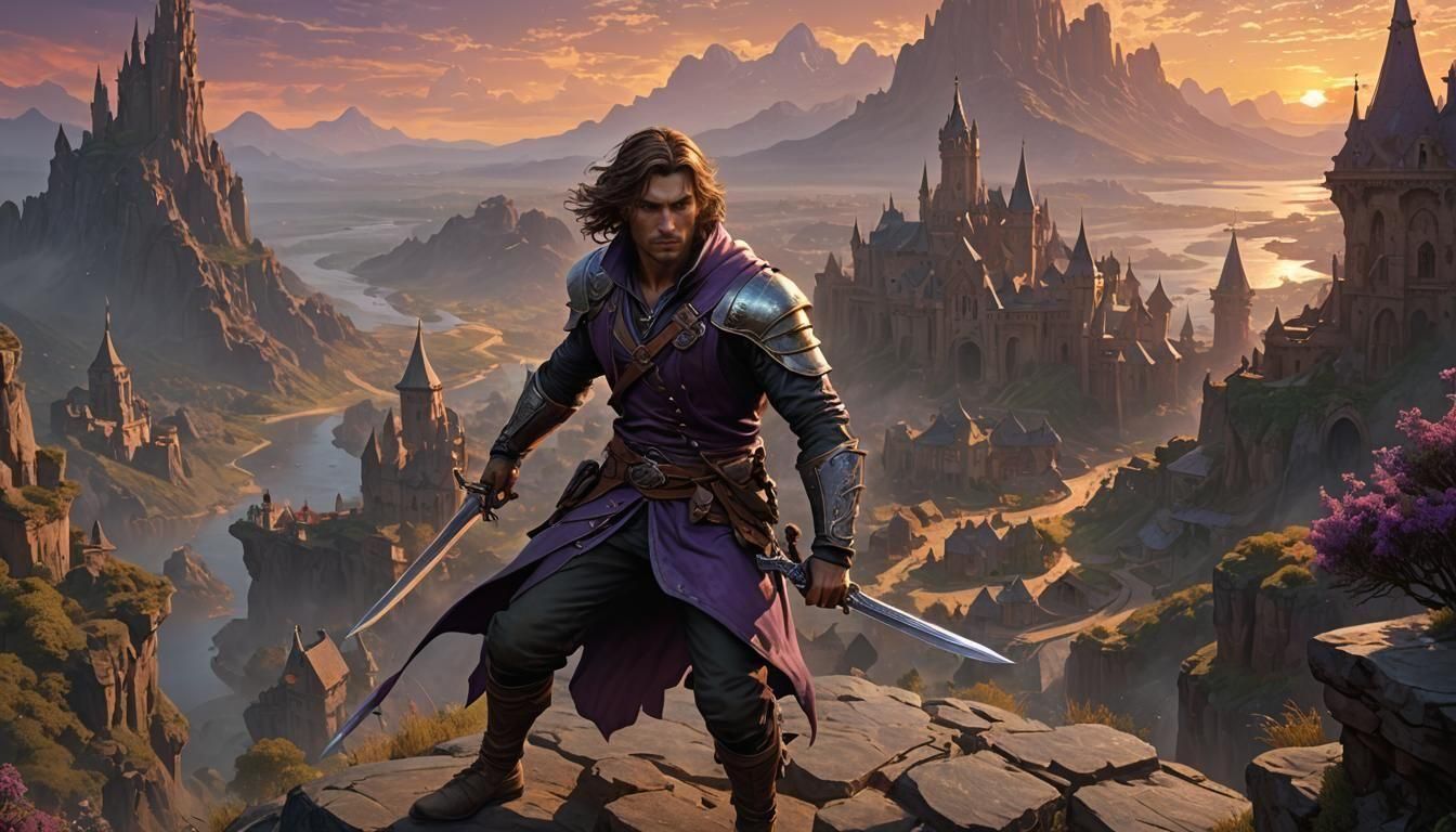 Handsome Rogue in Dark Fantasy Landscape