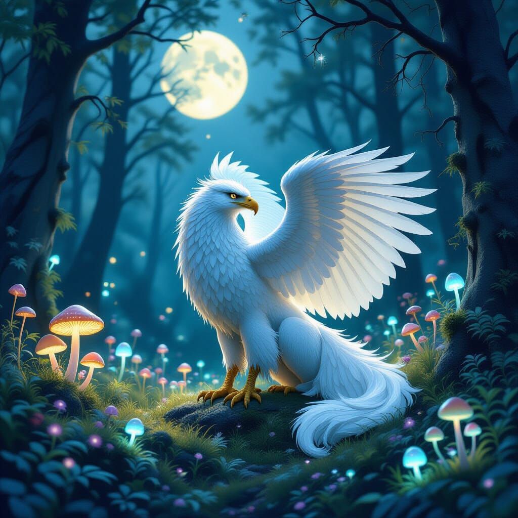 Moonlit Griffin in Bioluminescent Forest: Matte Painting