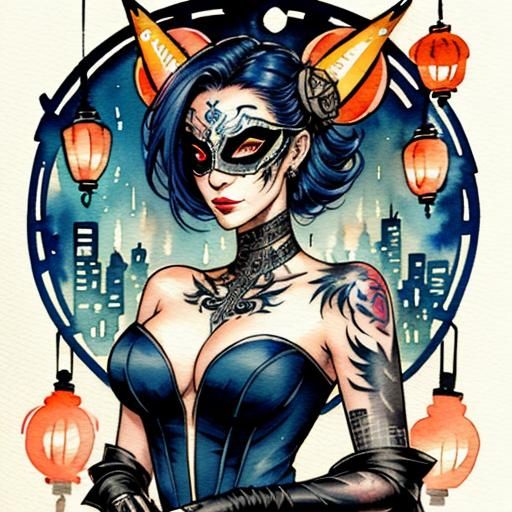 Cyberpunk Woman in Mask, Surreal Mixed-Media Art