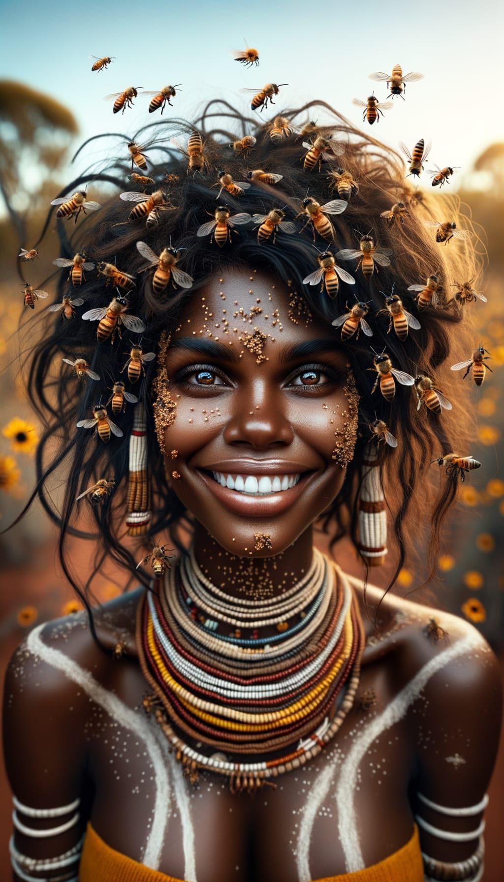 Aboriginal Woman with Bees: Hyperrealistic Outback Portrait
