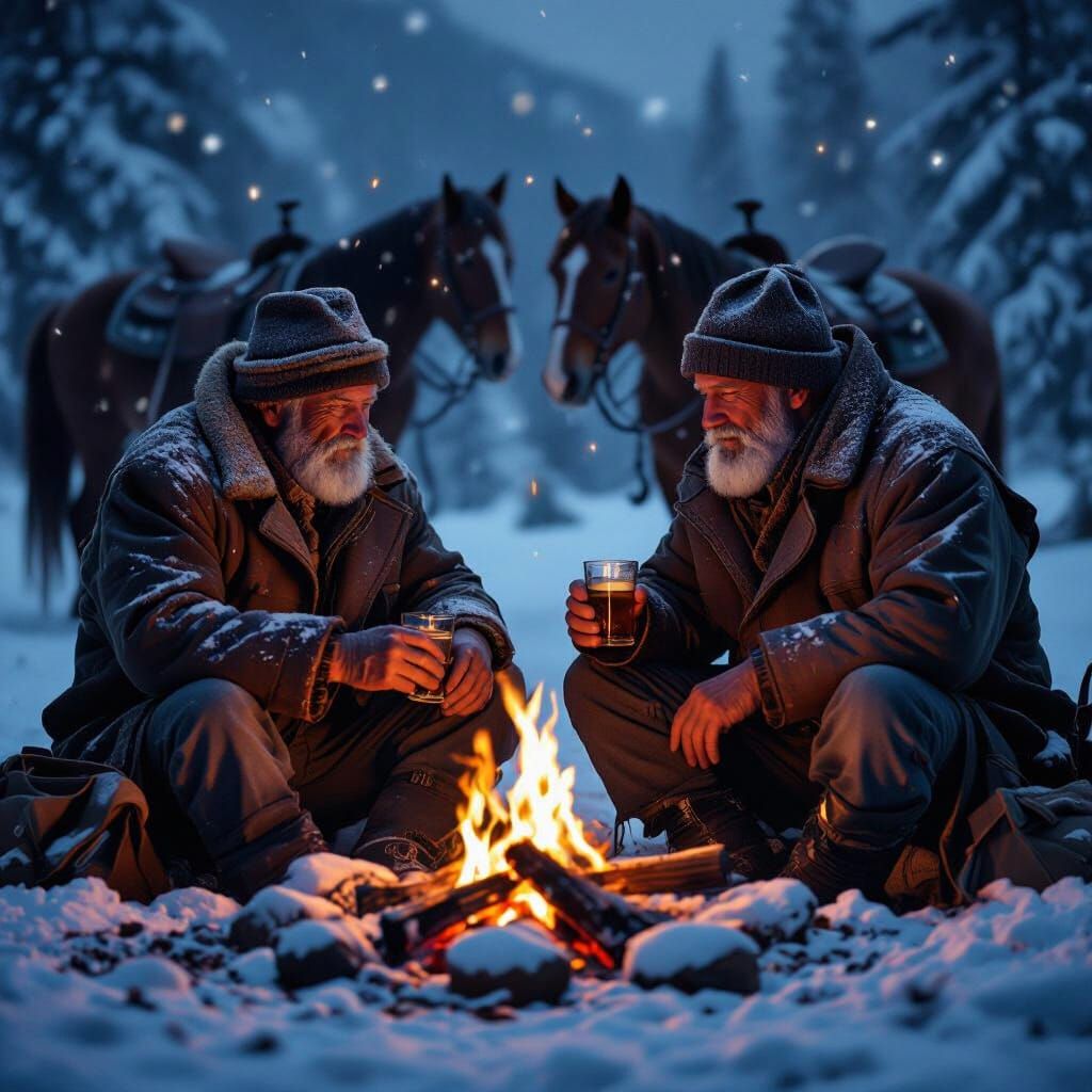 Campfire Farewell: Friends in Snowy Wilderness
