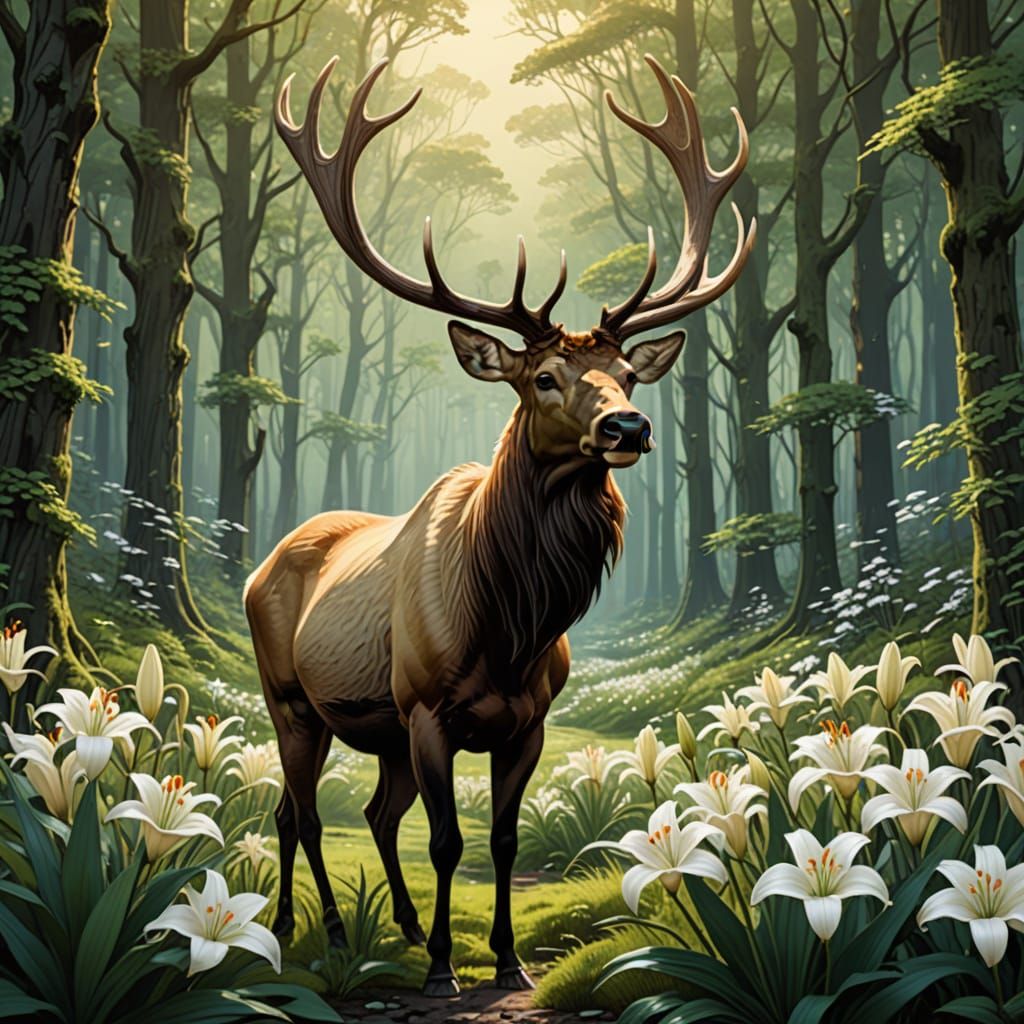 Elk with Lilies in Dreamlike Forest, Comic Book Art