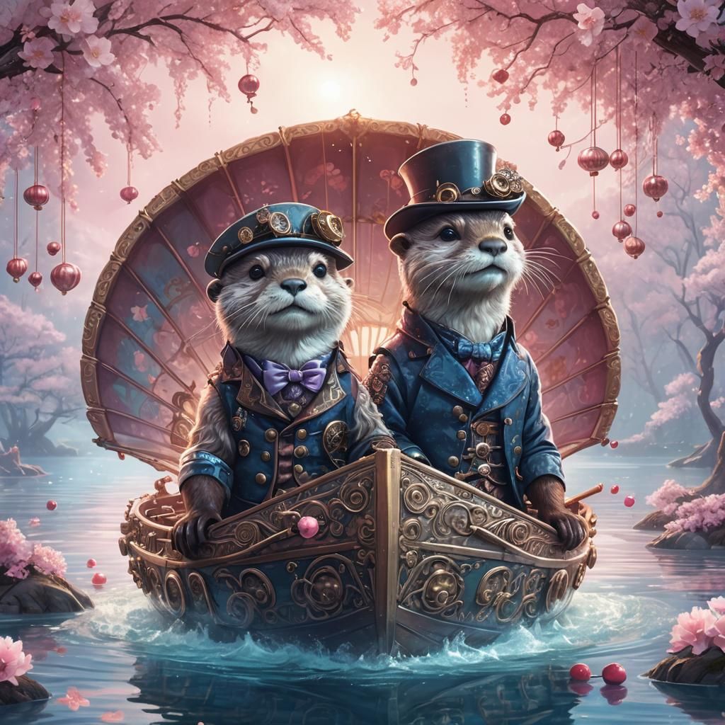 Steampunk Otters Sailing in Cherry Blossom Fantasy