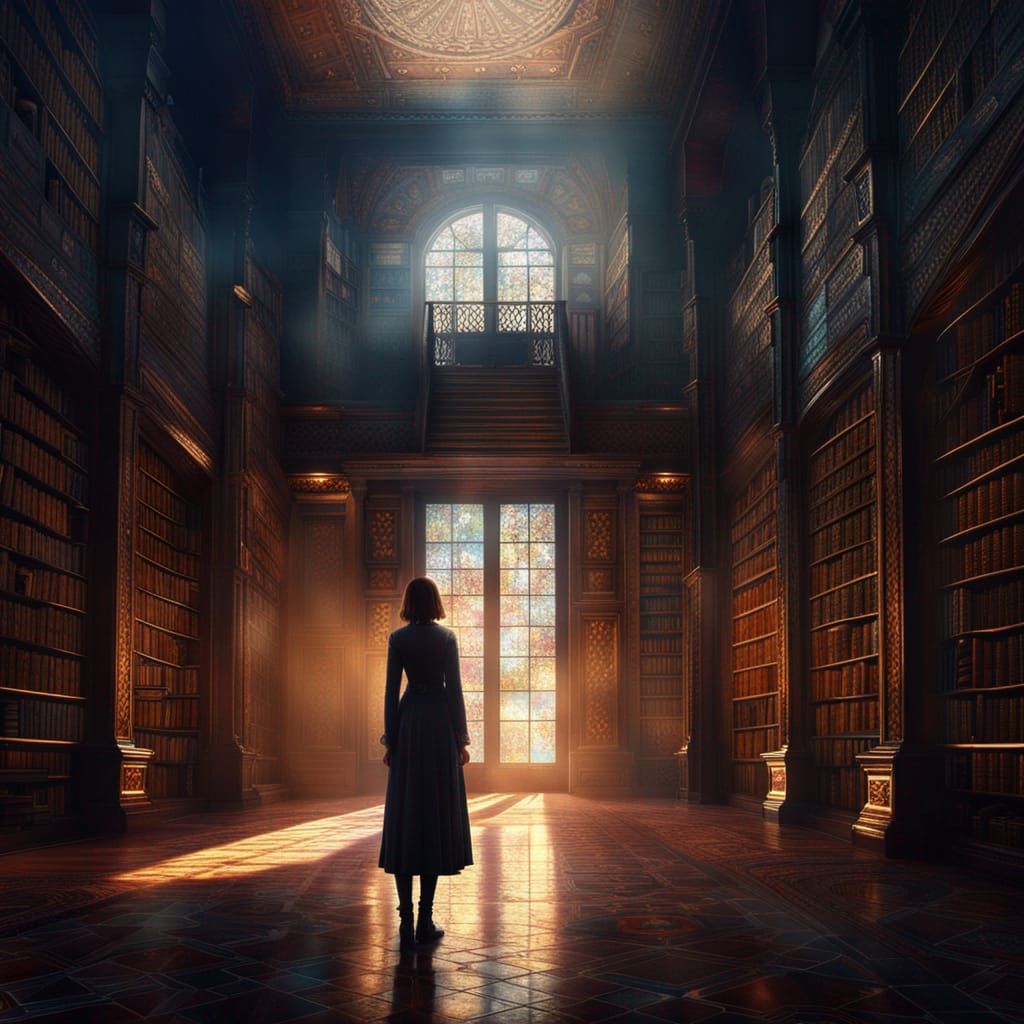 Woman in Library: Detailed Matte Painting