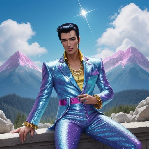 Gay Elvis Posing Chic in Front of Edelstein-Berg Mountain