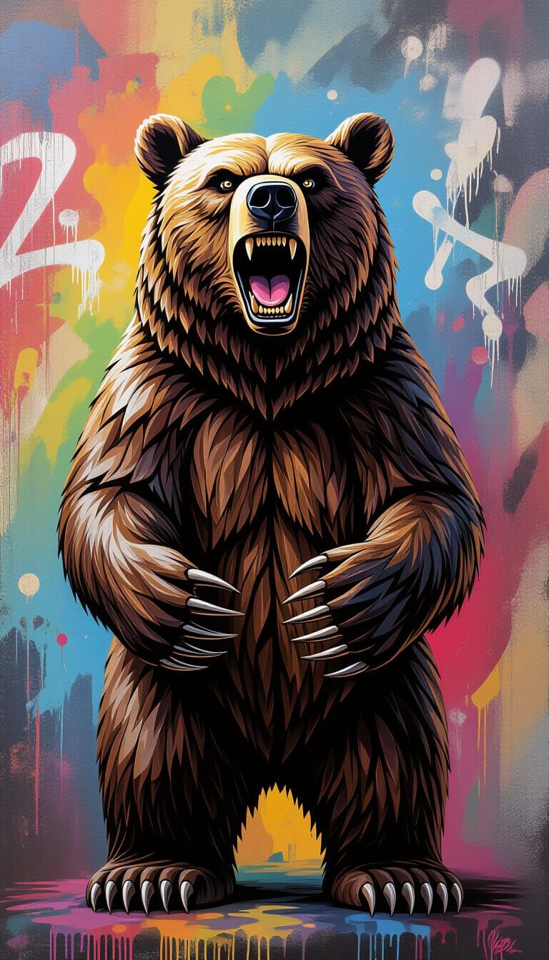 Walnut Bear Sculpture Against Melting Graffiti Art