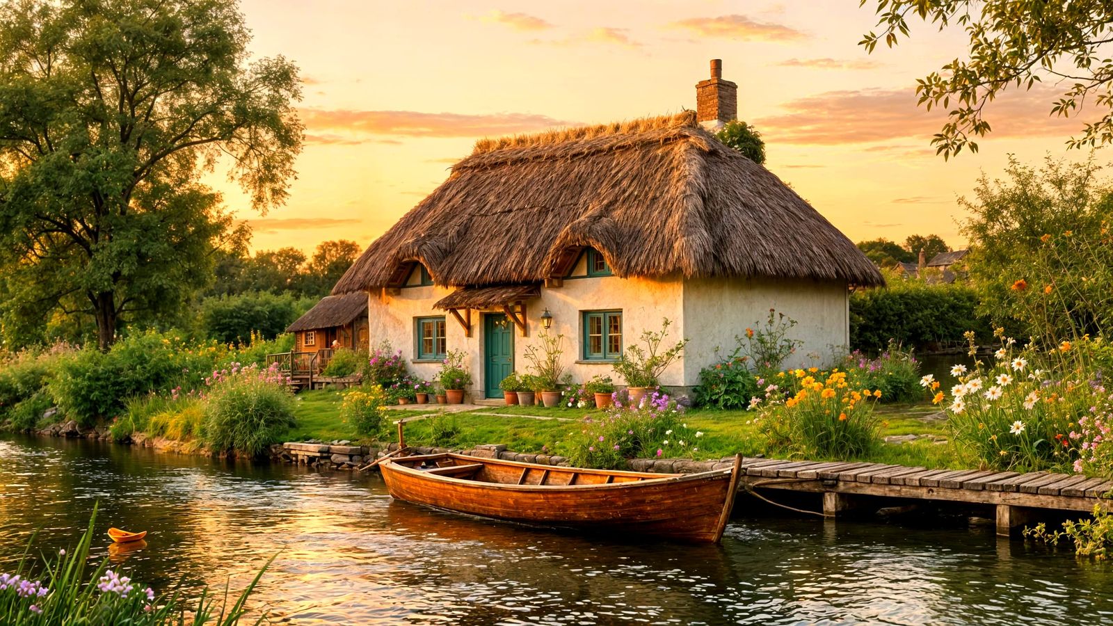 Cozy Cottage by River at Golden Hour, Impressionistic Style