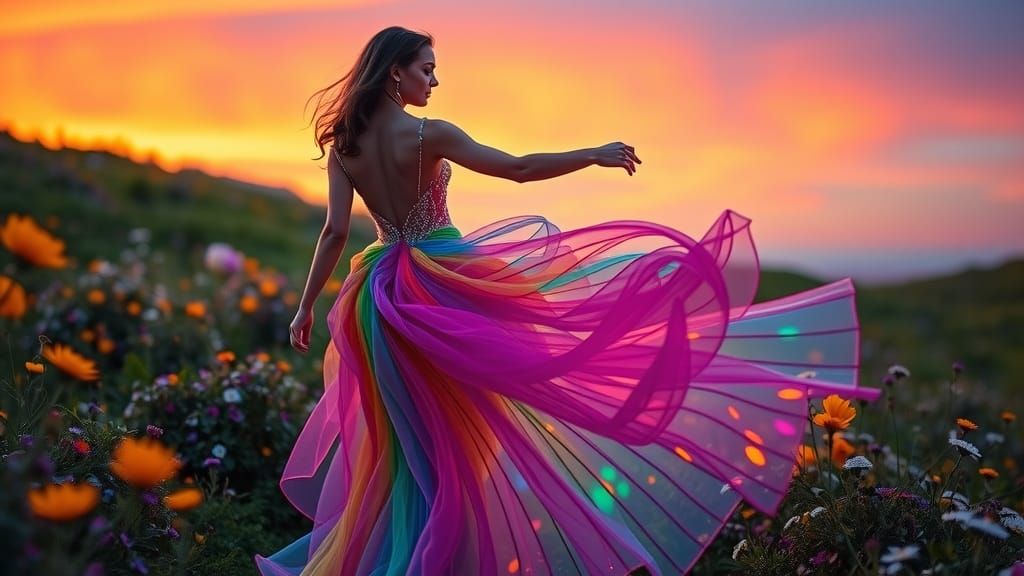 Rainbow Goddess Dances in a Kaleidoscopic Meadow