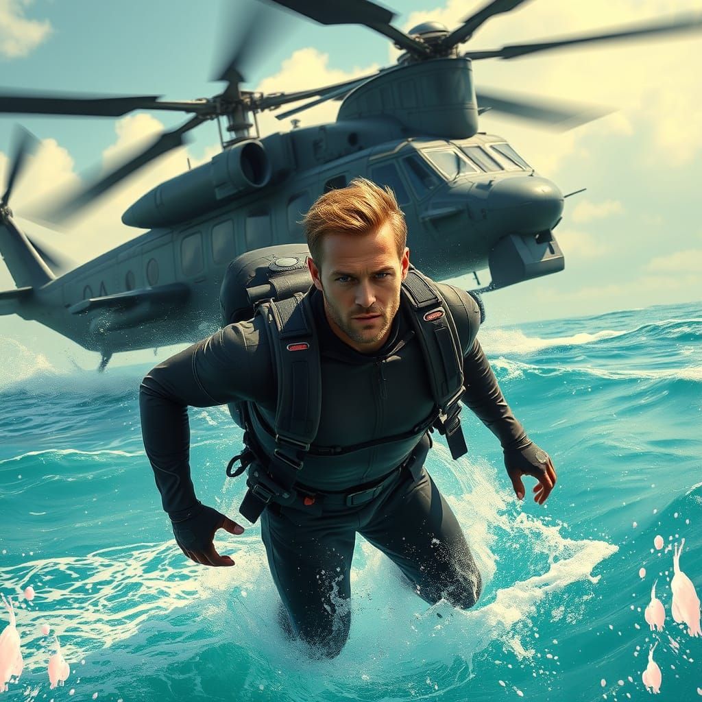 Daring Military Parachute Diver in Turquoise Waters