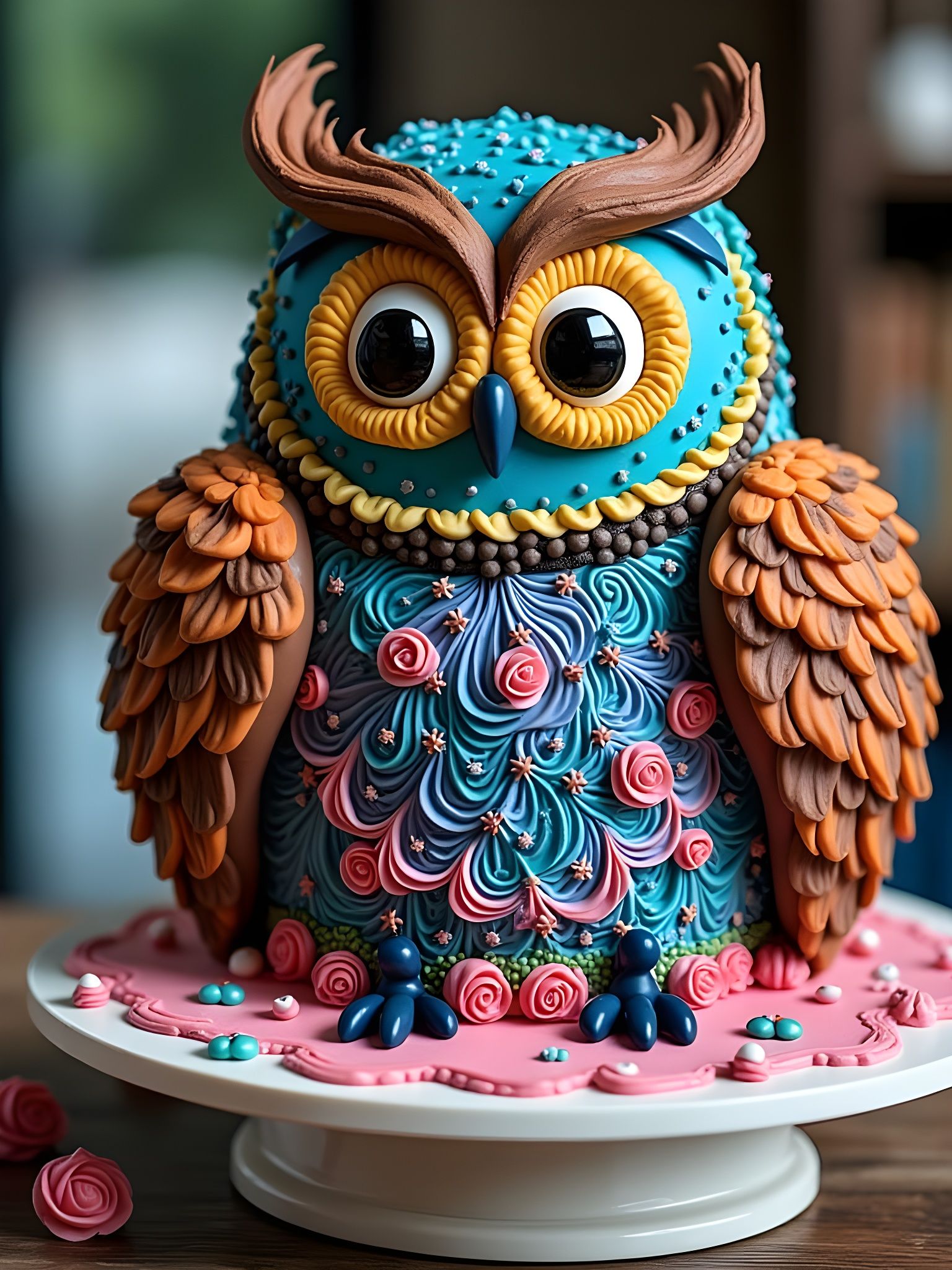 Surreal Whimsical Owl perched on a Multilayered Cake