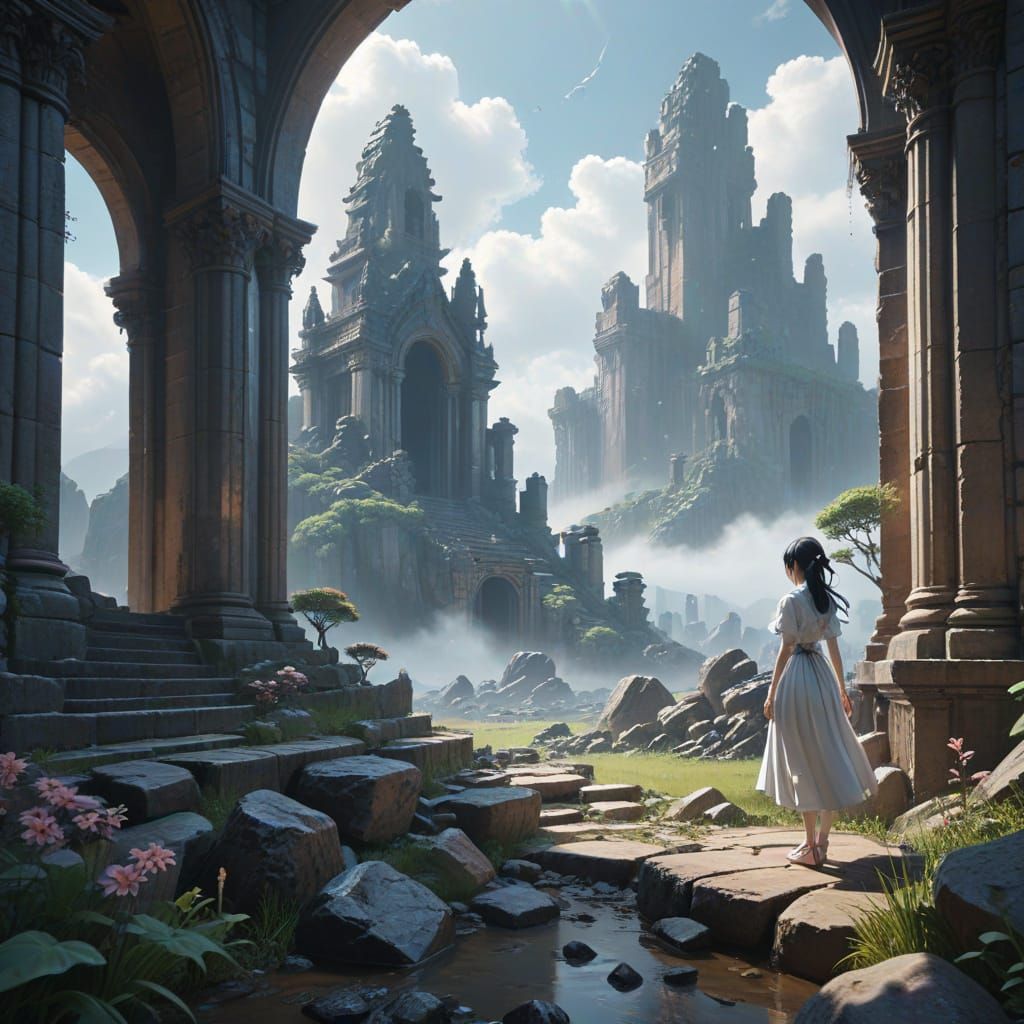 Melancholic Landscape with Ethereal Ruins and Lone Figure