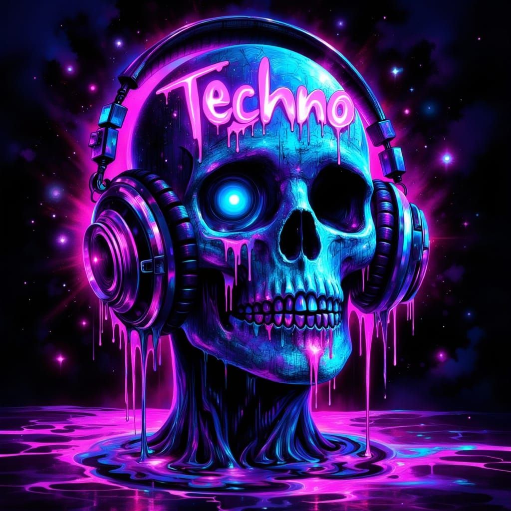 Techno Skull with Neon Drips and Glitch Art Style