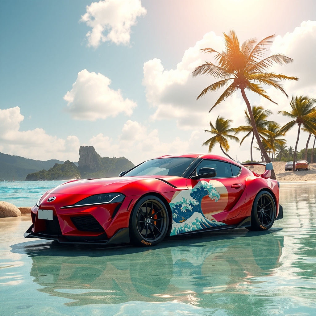 Toyota Supra with Kanagawa Wave Decal on Okinawa Beach