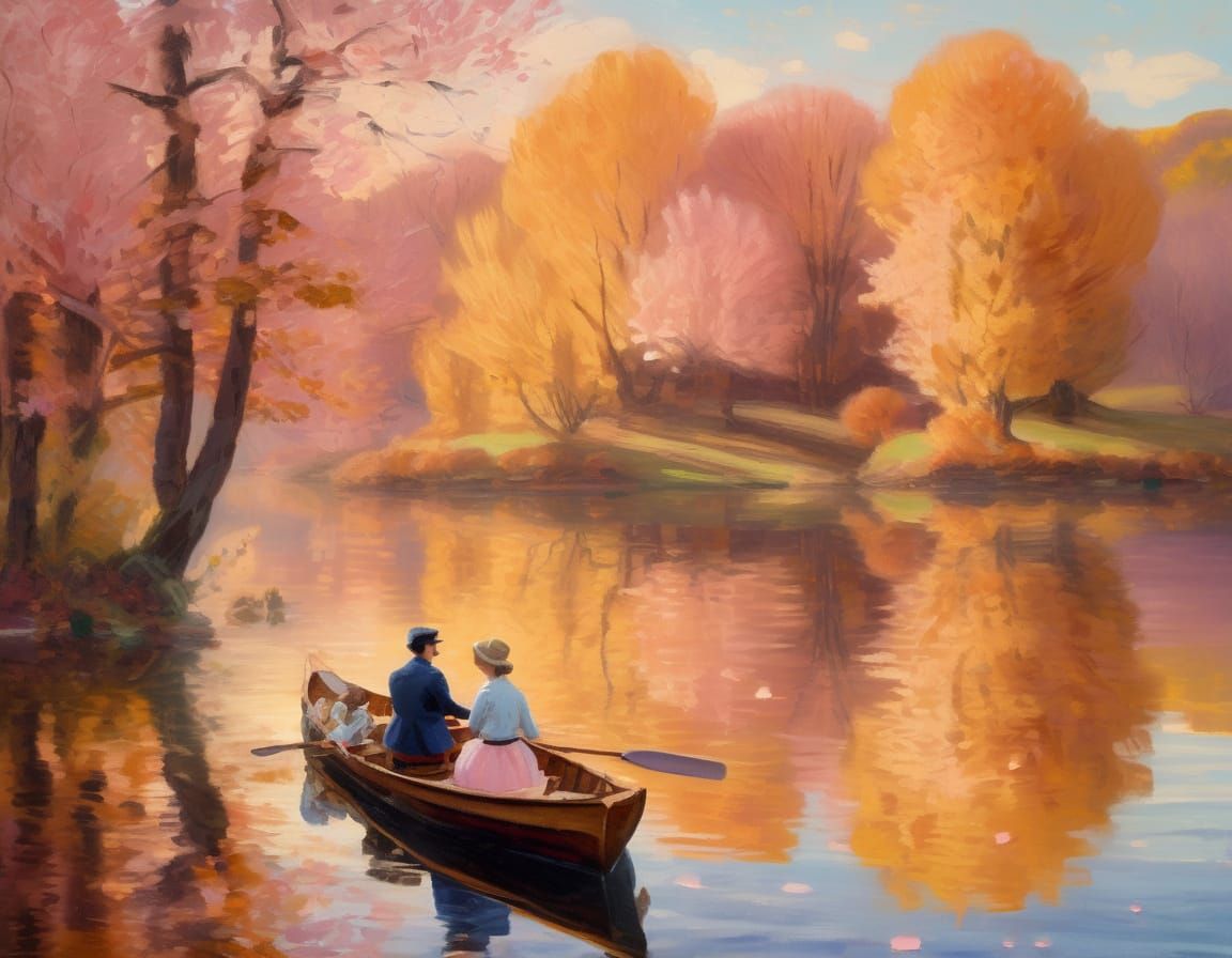 Romantic Lakeside Boat Ride in Impressionist Style