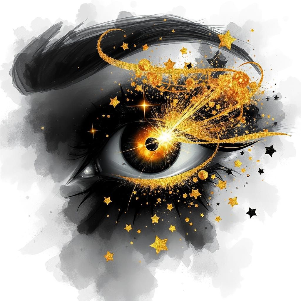 Golden Eye with Stars in Watercolor Splash Art