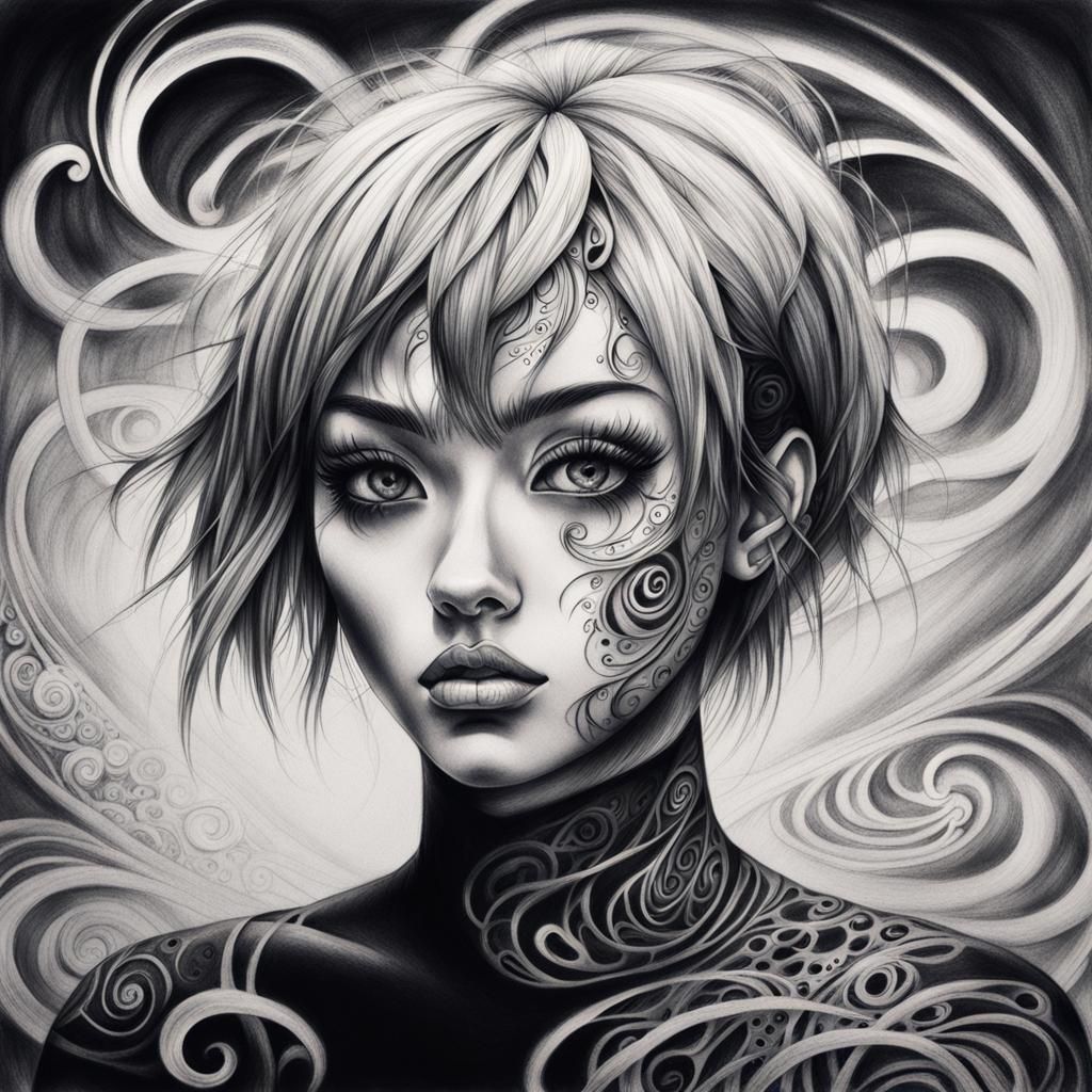 Anime Girl Portrait in Charcoal with Tattoos