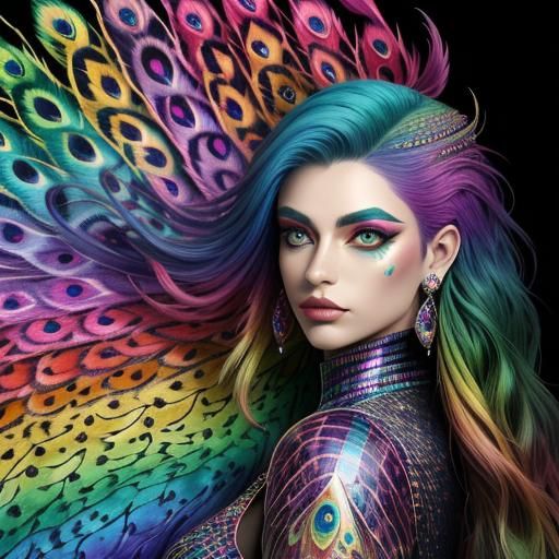 Rainbow Dragon Woman: Holographic Astral Illustration