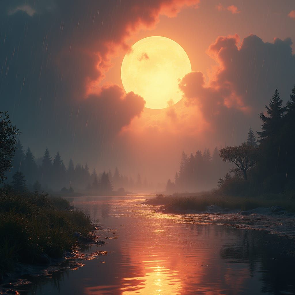 Vibrant Daybreak in a Fantastical Rainy Cityscape