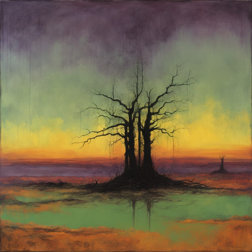 Surreal Dystopian Landscape in Dark, Clashing Colors