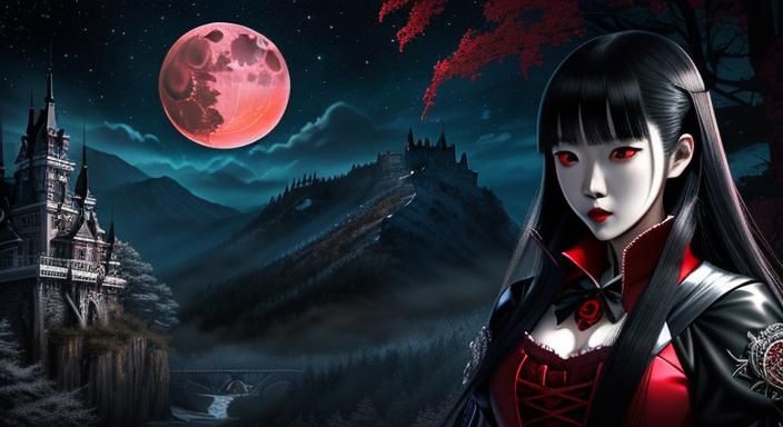 Vampire Double Exposure Portrait with Red Moon