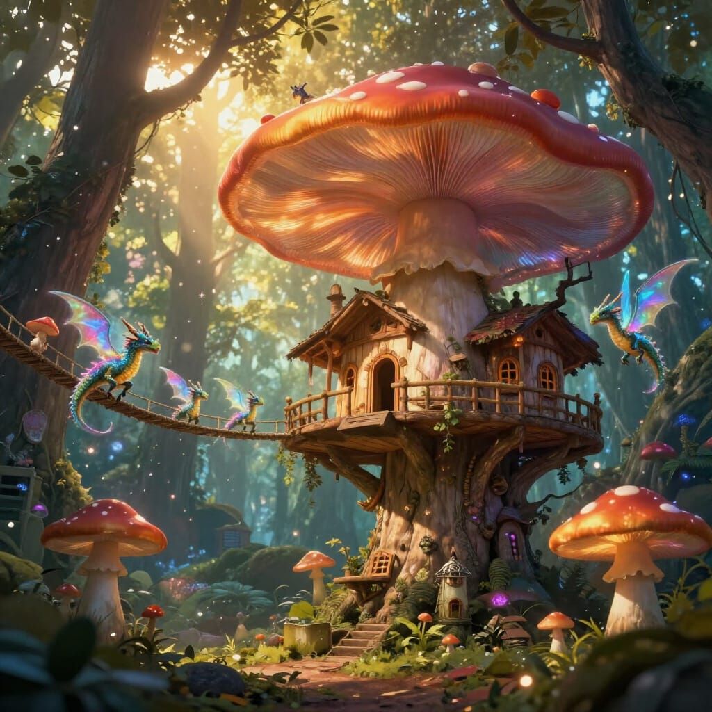 Magical Mushroom Forest Treehouse With Tiny Dragons