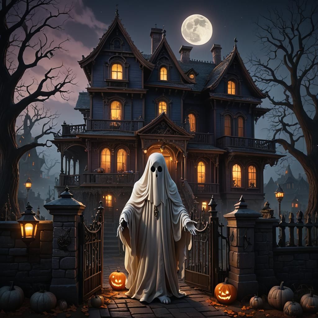 Spooky House with Friendly Ghost: Matte Painting