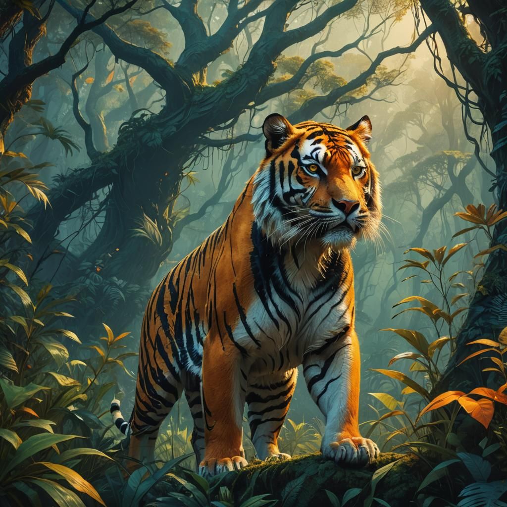 Majestic Tiger in Mystical Jungle, Fantasy Concept Art