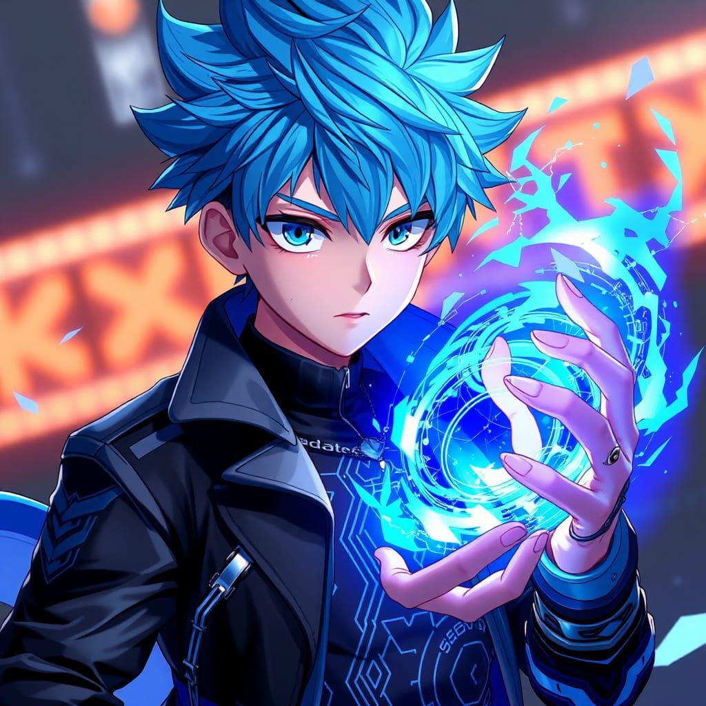 Blue-Haired Boy Holding Blue Fire Orb