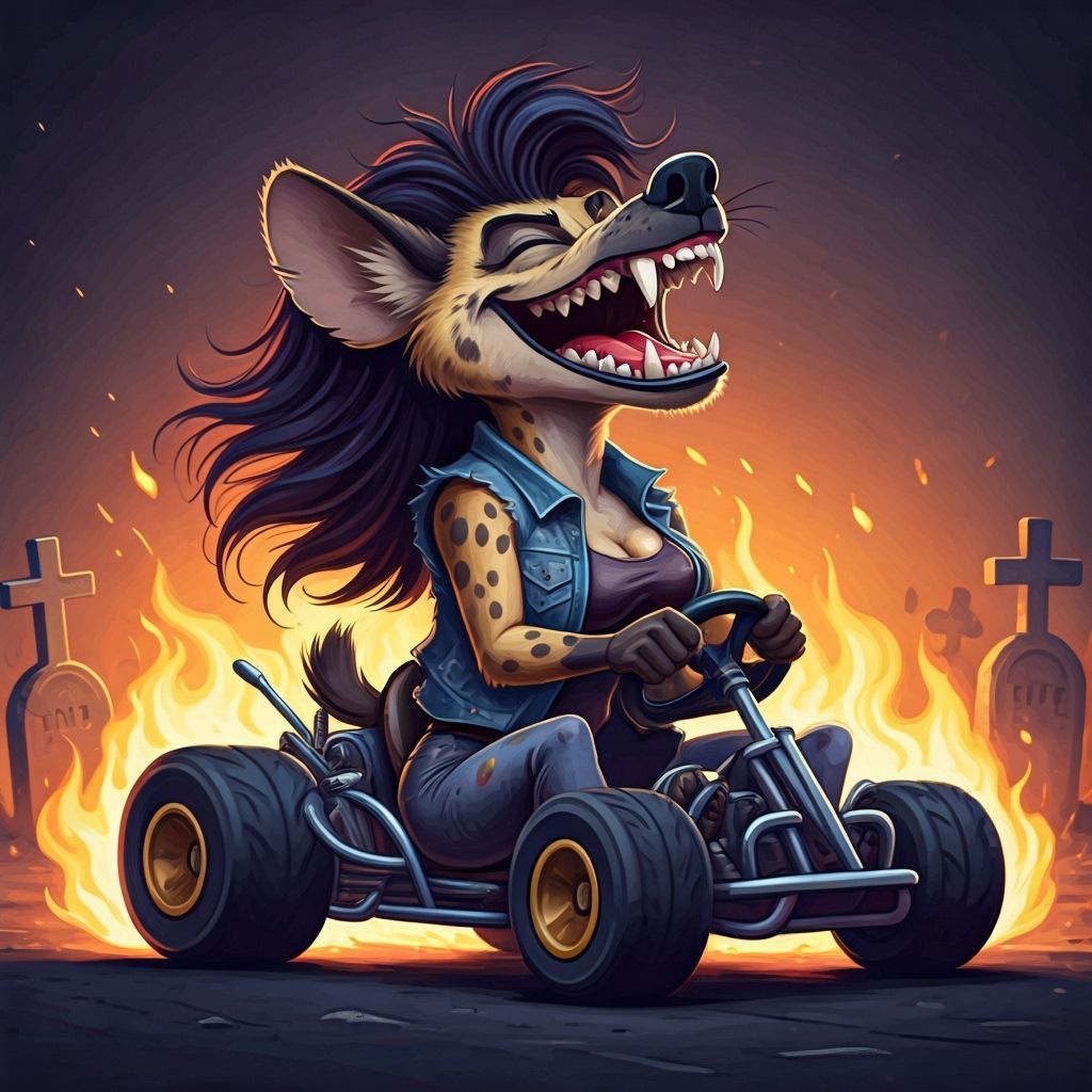 She-Hyena Caricature Screaming in Flaming Go-Kart