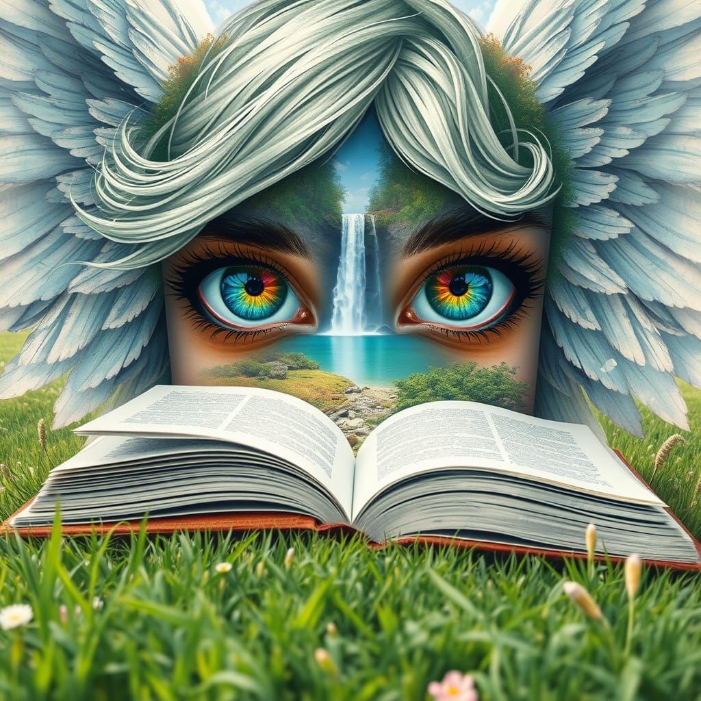 Ethereal Angel in Emerald Meadow with Serene Lake Landscape