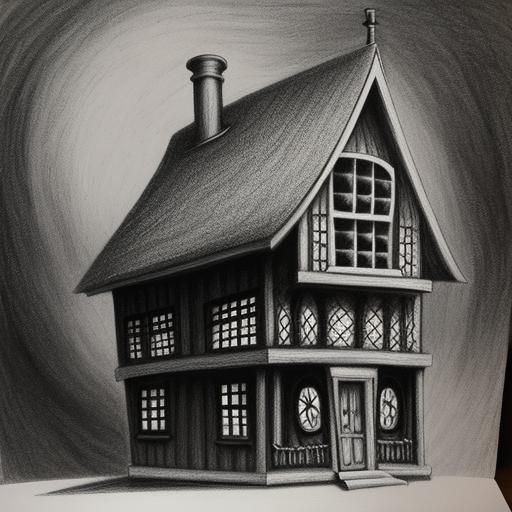 Hyperdetailed Charcoal Caricature of a Crooked House