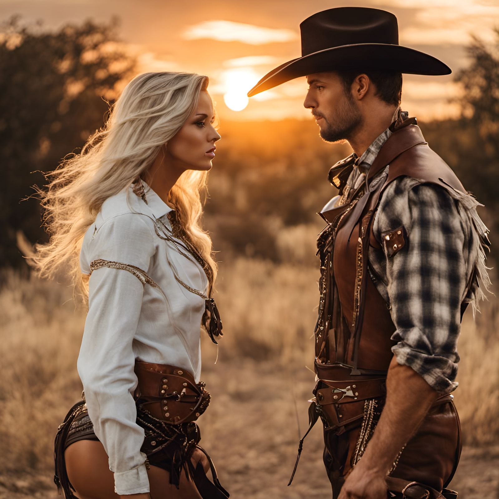 Woman and Man in Wild West Costumes at Sunset