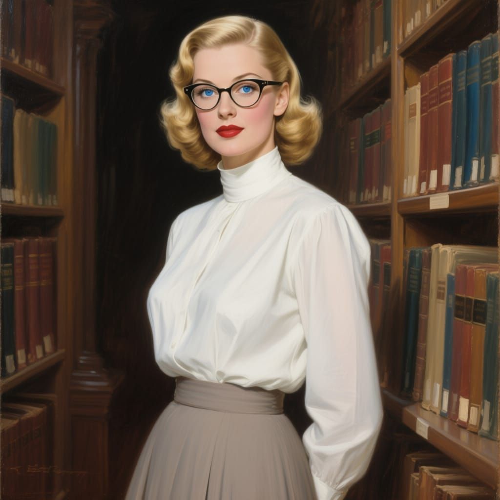 1940s Librarian Portrait in Realistic Oil Style