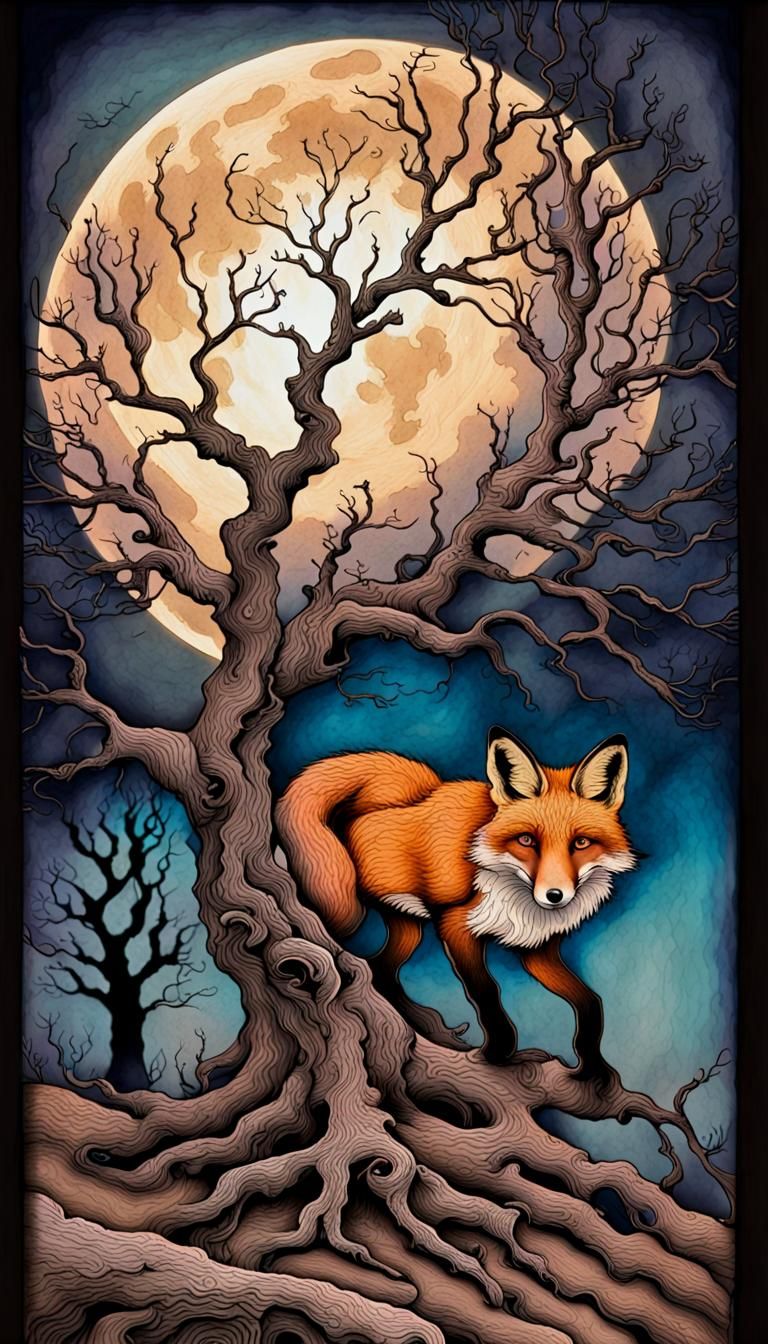 Gnarled Tree with Fox and Moon in Pyrography Style