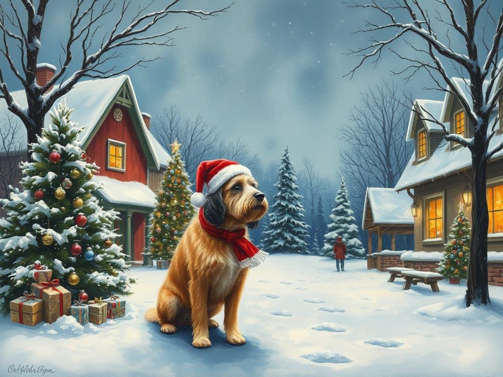 Winter Christmas Scene with Barzoi Dog in Gouache